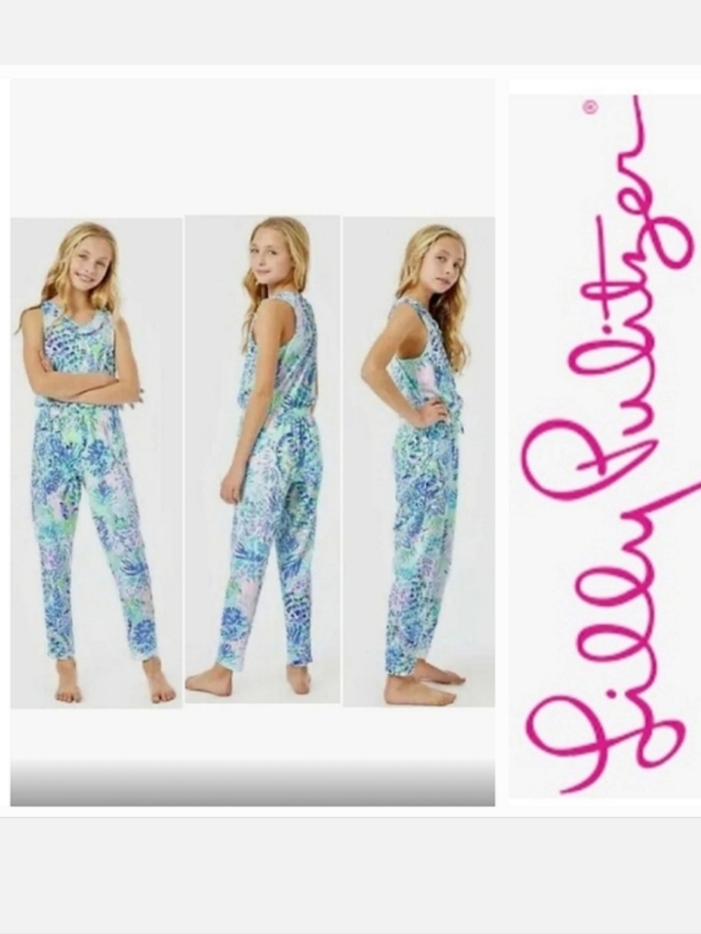 LILLY PULITZER Blue Multi Vala Jumpsuit in Shell of a Party Print Sz L NWT